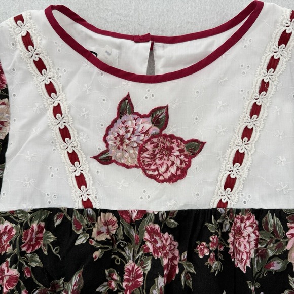 Vintage RM Muumuu Dress Womens Medium Hawaiian Black Floral Knee Eyelet Lace - Picture 5 of 8